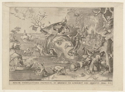 The Temptation of St. Anthony. with a pseudonym at the bottom, St. Anthony praying on his knees,
