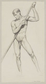 Nude — man leaning on a stick; Hans Thoma (1839–1924), draughtsman; ca. 1890, Germany; drawing;