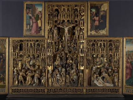 Crucifixion Polyptych from Pruszcz — middle part: carved wooden altarpiece panel depicting the Road