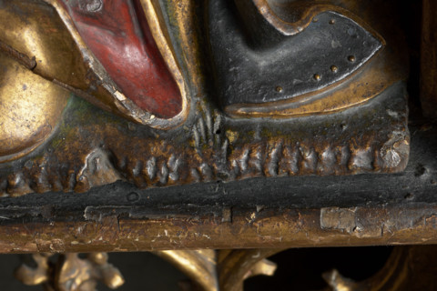 Crucifixion polyptych, middle part: carved and gilded wooden cabinet depicting the Road to