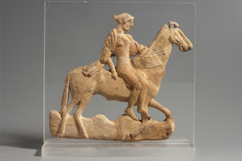 Appliqué depicting a woman riding a horse, author reclaimed, reclaimed (Silesia), 5th century,