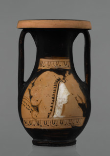 Red-figure pelike, Attic workshop, pelike (vessel), antique vessel, pink clay. Slightly matte black