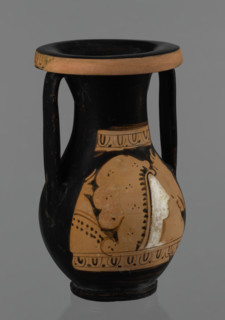 Red-figure pelike, Attic workshop; pelike (vessel), pink clay. Slightly matte black engobe. Some