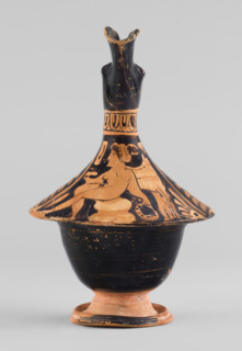 Red-figure epichysis with a depiction of Eros; palmettes; southern Italian (Apulian) pottery; ca.