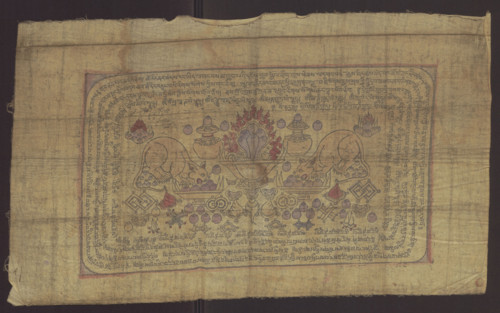 Banner with depictions of various offerings in honor of one of the 84 mahasiddhas, Manibhadra;