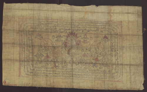 Banner depicting various offerings in honor of the mahasiddha Manibhadra; Tibetan Buddhist art