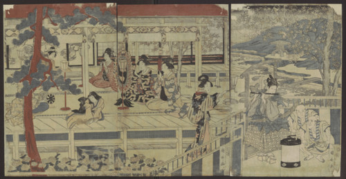 Ushiwakamaru serenading Jôruri-hime (????????), Utagawa Kuninaga (ca. 1779–1827); publisher Iwatoya