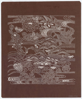 Ise katagami dyeing stencil - landscape with a house by the water, pine tree, irises,