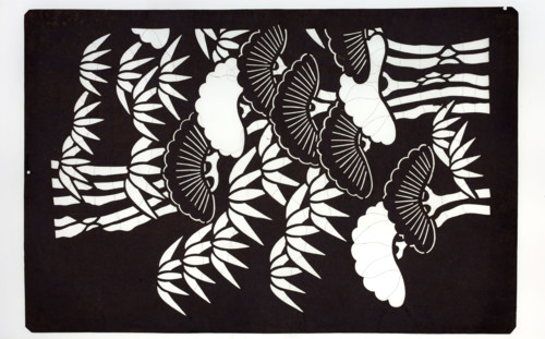 Katagami dyeing stencil; large stylized pattern with a bamboo and pine motif; maker: author;