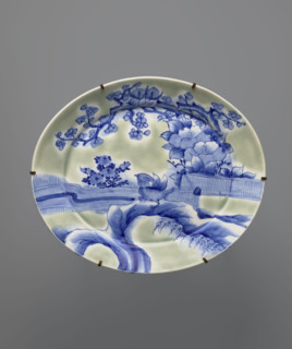 Platter (ôzara), platter, Japanese ceramics, ducks (zool.), imitation, plant ornaments, Meiji