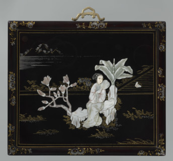 Panel; women; gardens; banana trees; magnolias; fans; Republic of China (1911–1949); butterflies;