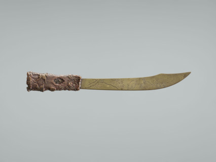 Paper knife, Japanese; cranes, pine trees, men, moon; Meiji (1868–1912), late 19th century; bronze;