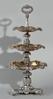 Etazera by Józef Fraget (Warsaw; silver and plated goods factory; 1824–1945). Three-tiered platter