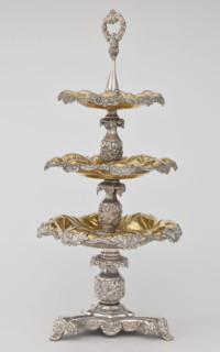 Etazera, Fraget, Józef; tableware elements. Etazera — three-tiered platter on a three-sided base,