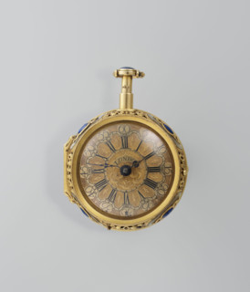 Double-case pocket watch in fabric-covered box; maker: Charles Cabrier (fl. 1697–1726); pocket