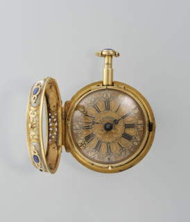 Double-case pocket watch in fabric-covered box, Cabrier, Charles (fl. 1697–1726), pocket watch,