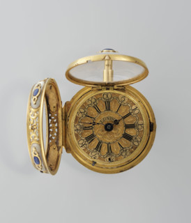 Double-case pocket watch in fabric-covered box; Charles Cabrier (fl. 1697–1726); pocket watch;