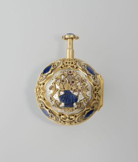 Double-case pocket watch in fabric-covered box, Cabrier, Charles (fl. 1697–1726), pocket watch,