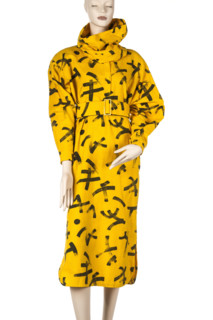 Women's dress with turtleneck and belt, yellow with black 'Japanese characters', manufactured by