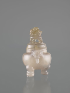 Ding-type incense burner with cover, decorated with lions and ritual vessel (fo) motifs; Chinese