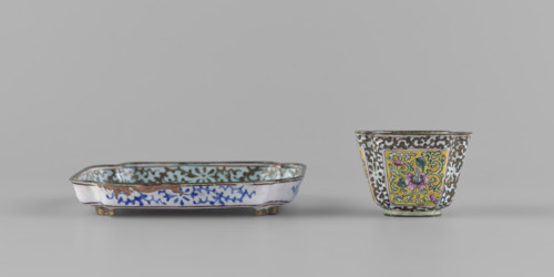 Bowl with saucer; painted enamel; plant ornament with peonies and plant tendril; 18th century Qing