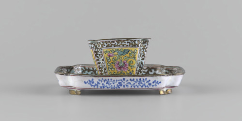 Bowl with saucer; painted enamel; plant ornament (peonies, plant tendril); Qing dynasty