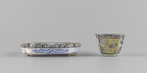 Bowl with saucer; painted enamel on porcelain; subject: plant ornament with peonies and plant