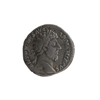 Denarius, Marcus Aurelius (121–180; Roman emperor 161–180), 163–164. Obverse: Head of Marcus
