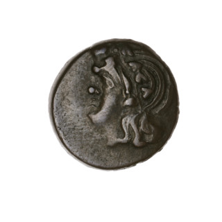 Bronze coin (Pantikapaion), obv.: head of beardless Satyr in ivy wreath facing left; rev.: lion
