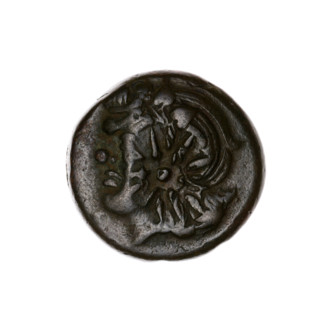 Bronze coin, Pantikapaion; obverse: head of a beardless Satyr in an ivy wreath facing left with a