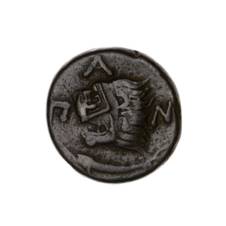 Bronze coin, Pantikapaion; obverse: head of a beardless Satyr in an ivy wreath facing left with a