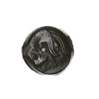 Bronze coin, Pantikapaion; obverse: head of bearded Satyr to left; reverse: bull's head to left