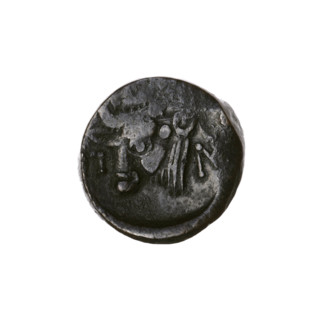 Bronze coin, Pantikapaion; obverse: head of bearded satyr left; reverse: bull's head left with