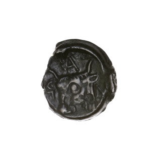 Bronze coin, Pantikapaion; obverse: head of bearded Satyr to the left; reverse: bull head to the