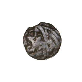 Bronze coin, Pantikapaion; obverse: head of bearded Satyr facing left; reverse: bull head facing