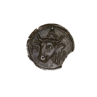 Bronze coin, Pantikapaion; obverse: head of bearded satyr facing left; reverse: bull head facing