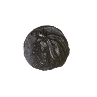 Bronze coin, Pantikapaion; obverse: head of bearded Satyr facing left; reverse: bull head facing