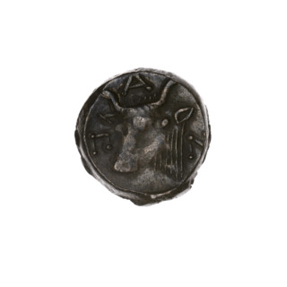Bronze coin, Pantikapaion; obverse: head of bearded Satyr facing left; reverse: bull head facing