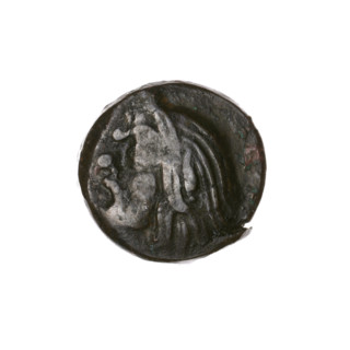 Bronze coin, Pantikapaion; obverse: head of bearded Satyr facing left; reverse: bull head facing