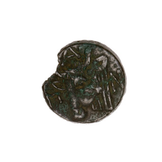 Bronze coin, Pantikapaion; obverse: head of bearded satyr facing left; reverse: bull head facing