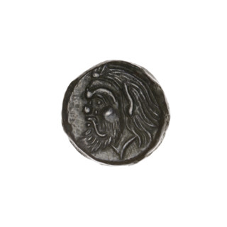 Bronze coin, Pantikapaion. Obverse: head of bearded satyr facing left. Reverse: bull's head facing