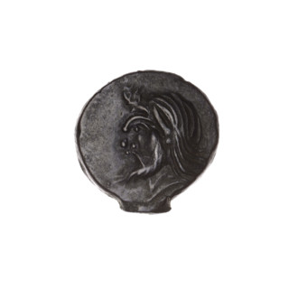 Bronze coin, Pantikapaion; obverse: head of bearded satyr facing left; reverse: bull head facing