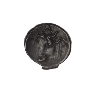 Bronze coin, Pantikapaion; obverse: head of bearded satyr facing left; reverse: bull head facing