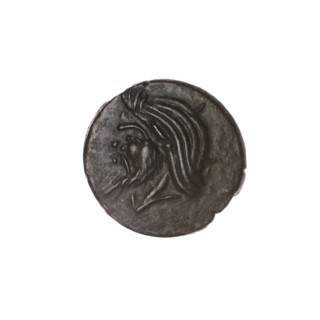 Bronze coin, Pantikapaion; obverse: head of bearded satyr facing left; reverse: bull head facing