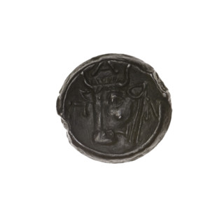 Bronze coin, Pantikapaion; obverse: head of bearded Satyr facing left; reverse: bull head facing
