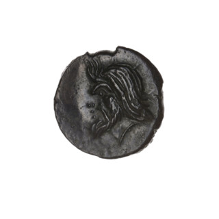 Bronze coin, Pantikapaion; obverse: head of bearded Satyr facing left; reverse: bull head facing