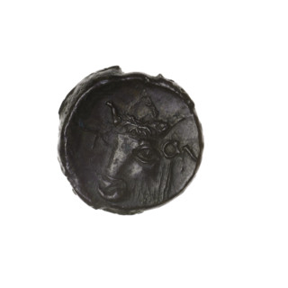 Bronze coin, Pantikapaion; aw: head of bearded Satyr facing left; rw: bull head facing left,