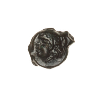 Bronze coin, Pantikapaion; obverse: head of a beardless Satyr in an ivy wreath facing left;