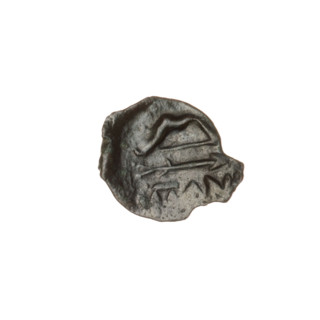 Bronze coin, head of a beardless Satyr in an ivy wreath facing left; reverse: bow and arrow facing