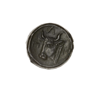 Bronze coin (Pantikapaion). Obverse: head of bearded Satyr facing left; Reverse: bull head facing